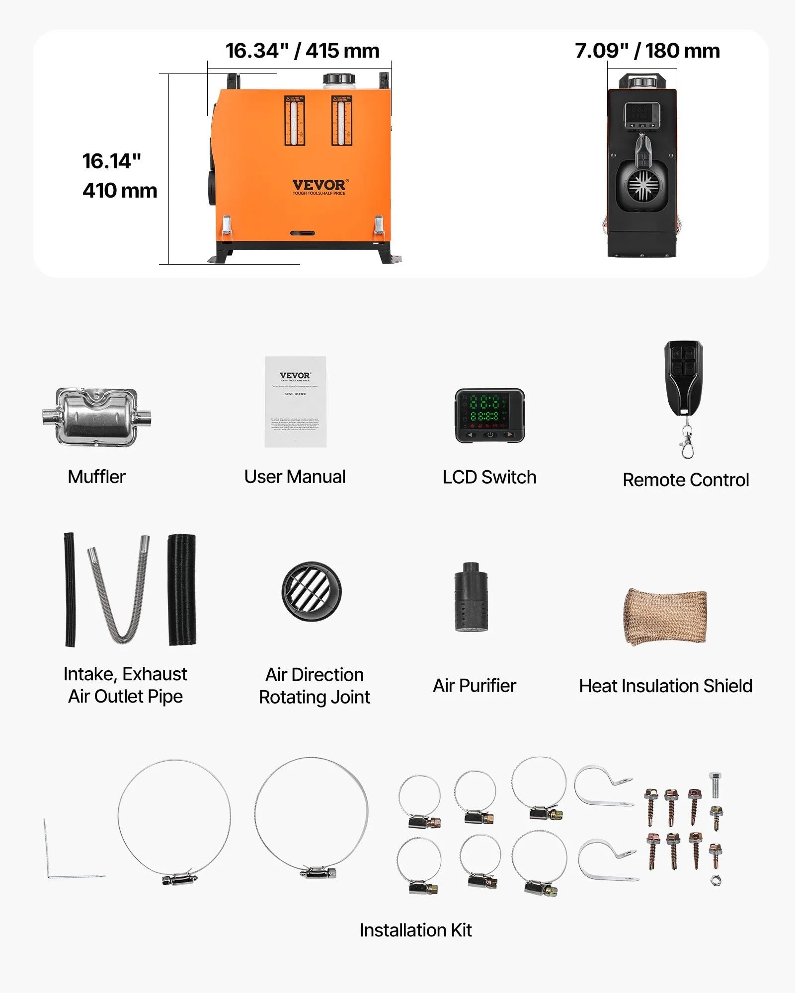 VEVOR Diesel Air Heater, 8 kW DC12-24V, Fast Heating Diesel Parking Heater with Remote Control and Color Digital Display, Low Noise, Voice Announcement, for RV, Truck, Camper, Van, Boat and Trailer 