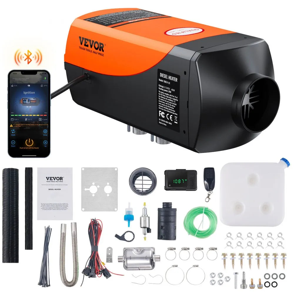 VEVOR Bluetooth App Control Diesel Air Heater, 12V 2KW Diesel Heater with Automatic Altitude Adjustment, Remote Control and LCD – Diesel Parking Heater for RV, Trailer, Camper, Van, Boat 