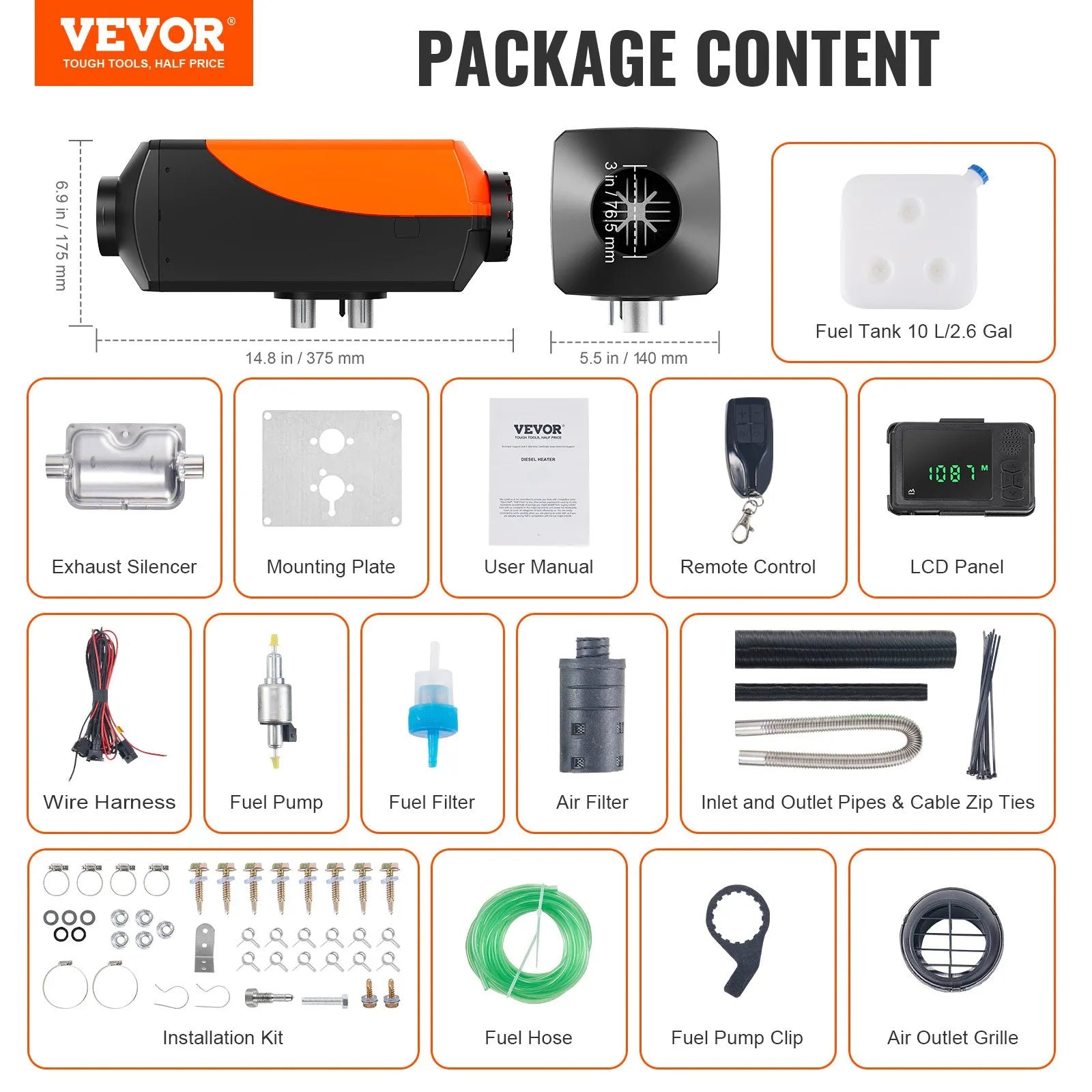 VEVOR Bluetooth App Control Diesel Air Heater, 12V 5KW Diesel Heater with Automatic Altitude Adjustment, Remote Control and LCD, Diesel Parking Heater for RV, Camper, Van, Trailer, Boat 