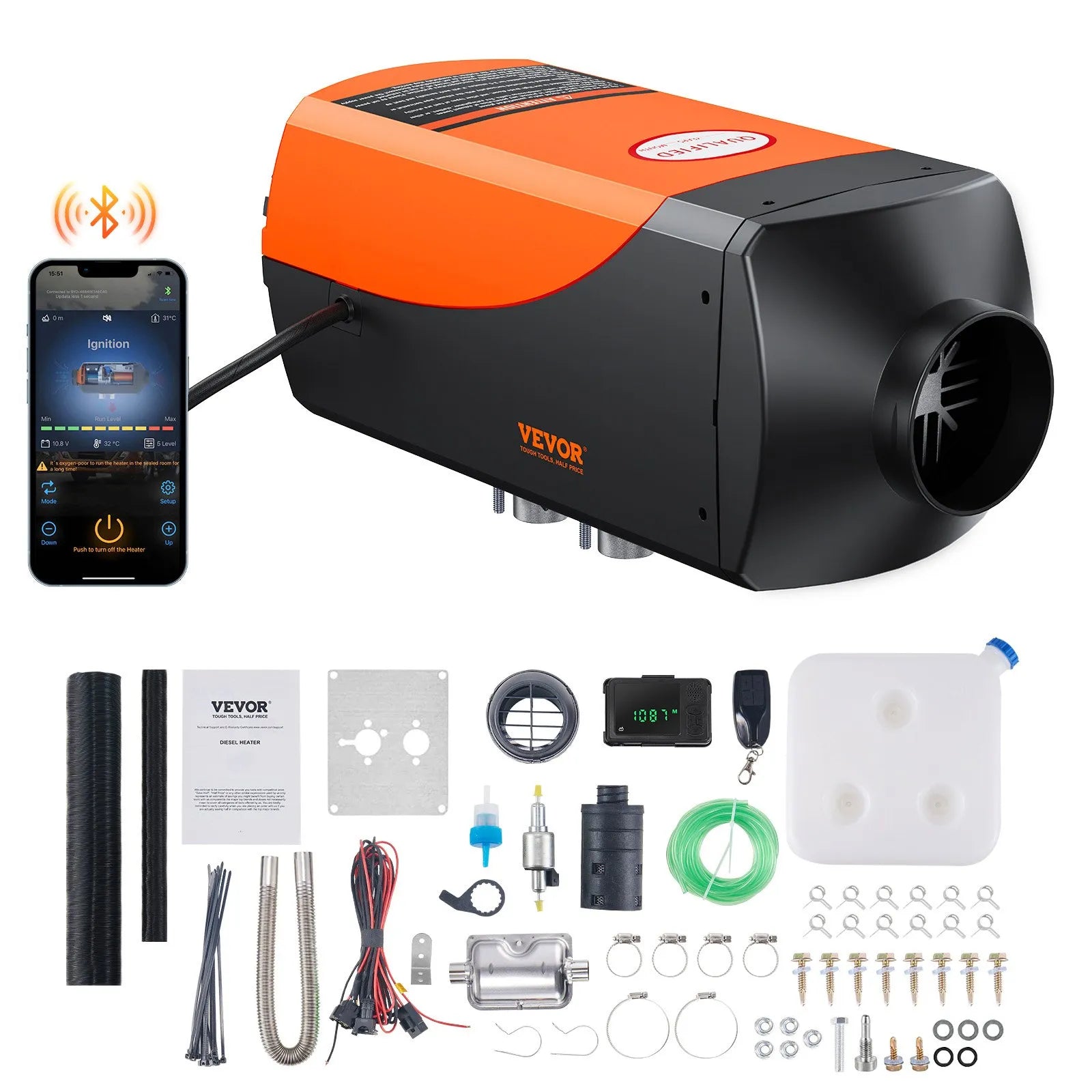 VEVOR Bluetooth App Control Diesel Air Heater, 12V 5KW Diesel Heater with Automatic Altitude Adjustment, Remote Control and LCD, Diesel Parking Heater for RV, Camper, Van, Trailer, Boat 