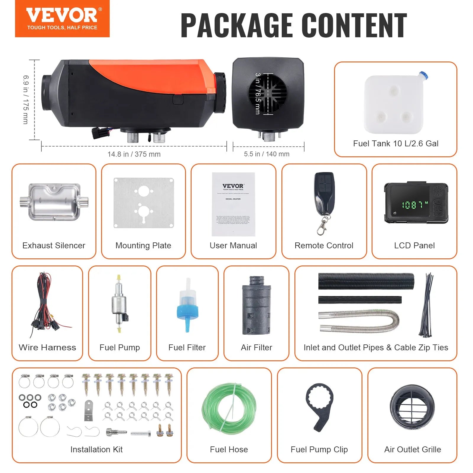 VEVOR 12V 8KW Diesel Air Heater with Bluetooth App Control, Automatic Altitude Adjustment, Remote Control & LCD Display, Portable Diesel Parking Heater for RV, Trailer, Camper, Van, Boat 