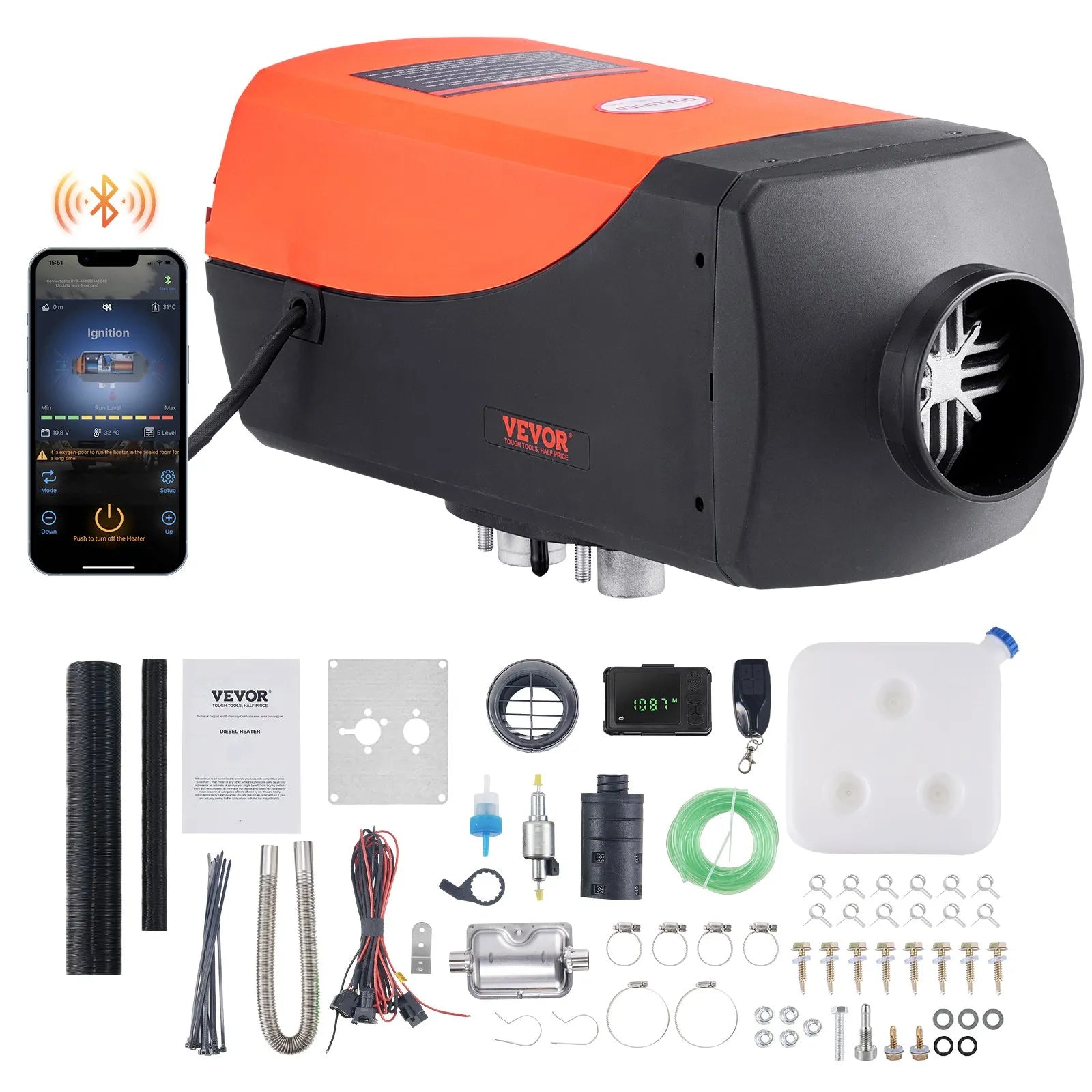 VEVOR 12V 8KW Diesel Air Heater with Bluetooth App Control, Automatic Altitude Adjustment, Remote Control & LCD Display, Portable Diesel Parking Heater for RV, Trailer, Camper, Van, Boat 