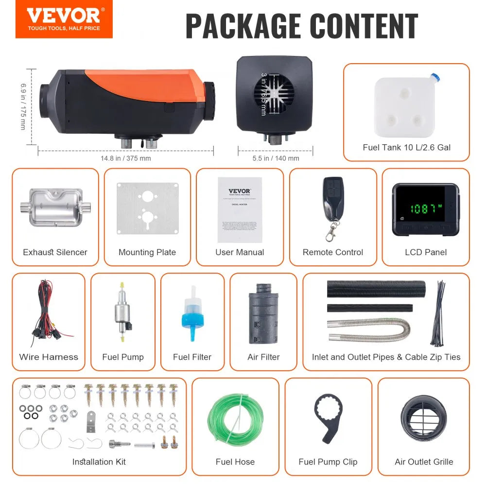 VEVOR 12V 8KW Diesel Heater, Portable Diesel Air Heater with LCD & Remote Control, 10L Fuel Tank, Rapid Heating for RV, Camper, Trailer, Van, and Boat 