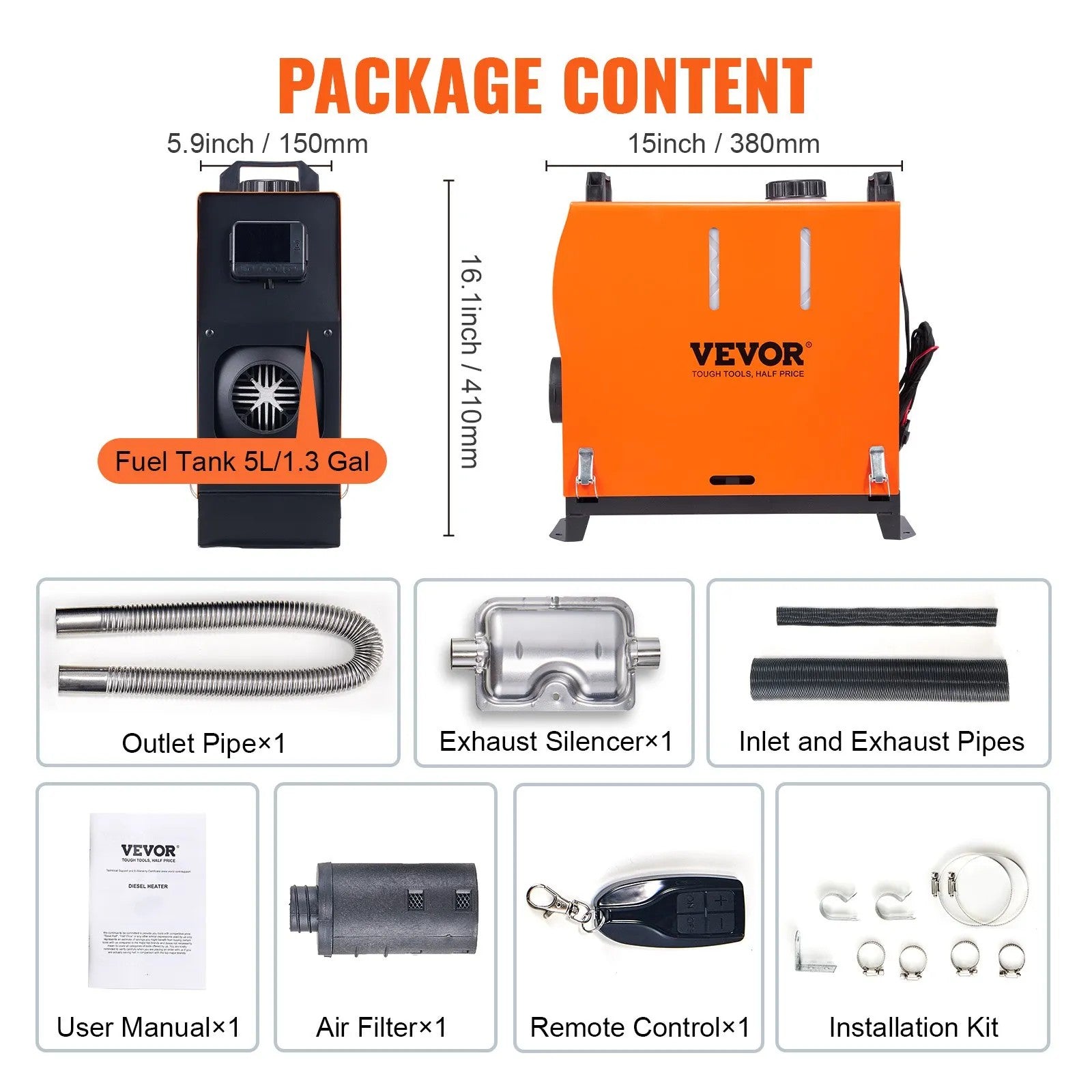 VEVOR Diesel Air Heater, 12V 5KW All-on-one Diesel Heater with Remote Control and LCD Display, 5L Fuel Tank Portable Diesel Parking Heater, Rapid Heating for RV Trailer Camper Van Boat And Indoors 