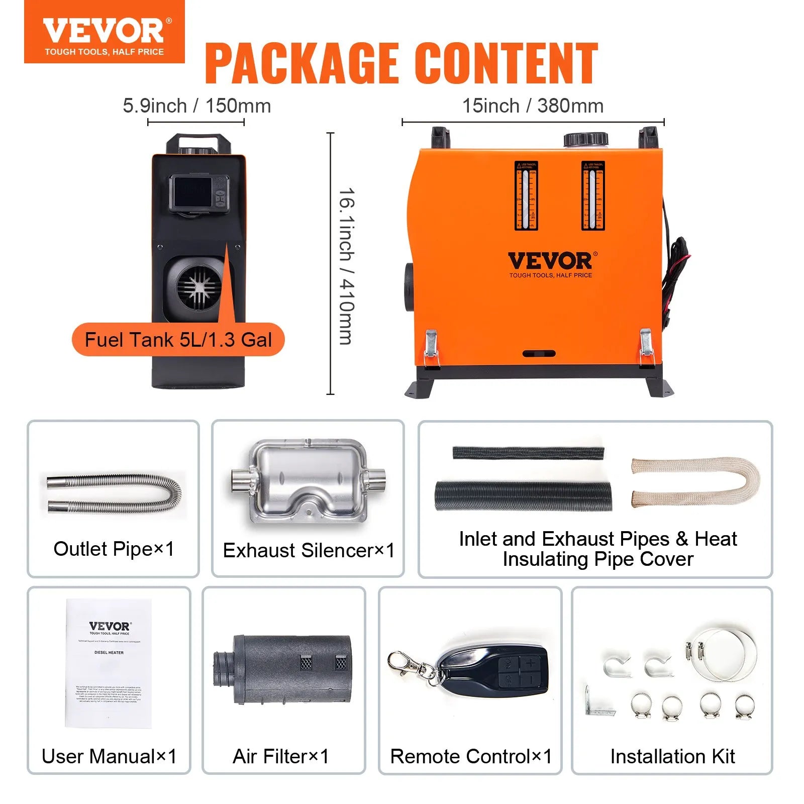 VEVOR 5 KW Diesel Air Heater, Bluetooth App Control All-on-one Diesel Heater with Automatic Altitude Adjustment, Remote Control and LCD, Portable Parking Heater for RV Trailer Camper Van Boat 