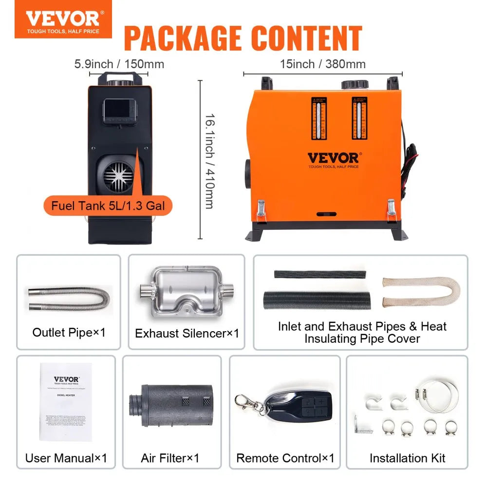 VEVOR 12V 8KW Diesel Air Heater, All-in-One Portable Diesel Heater with LCD Display & Remote Control, 5L Fuel Tank, Rapid Heating for RV, Camper, Trailer, Van, and Boat 