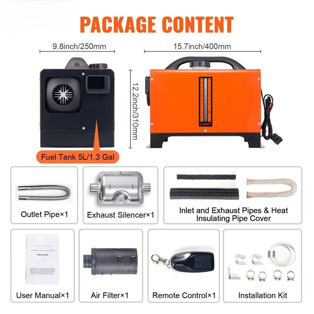 5KW 12V Diesel Air Heater with LCD Display, Remote Control and 5L Fuel Tank