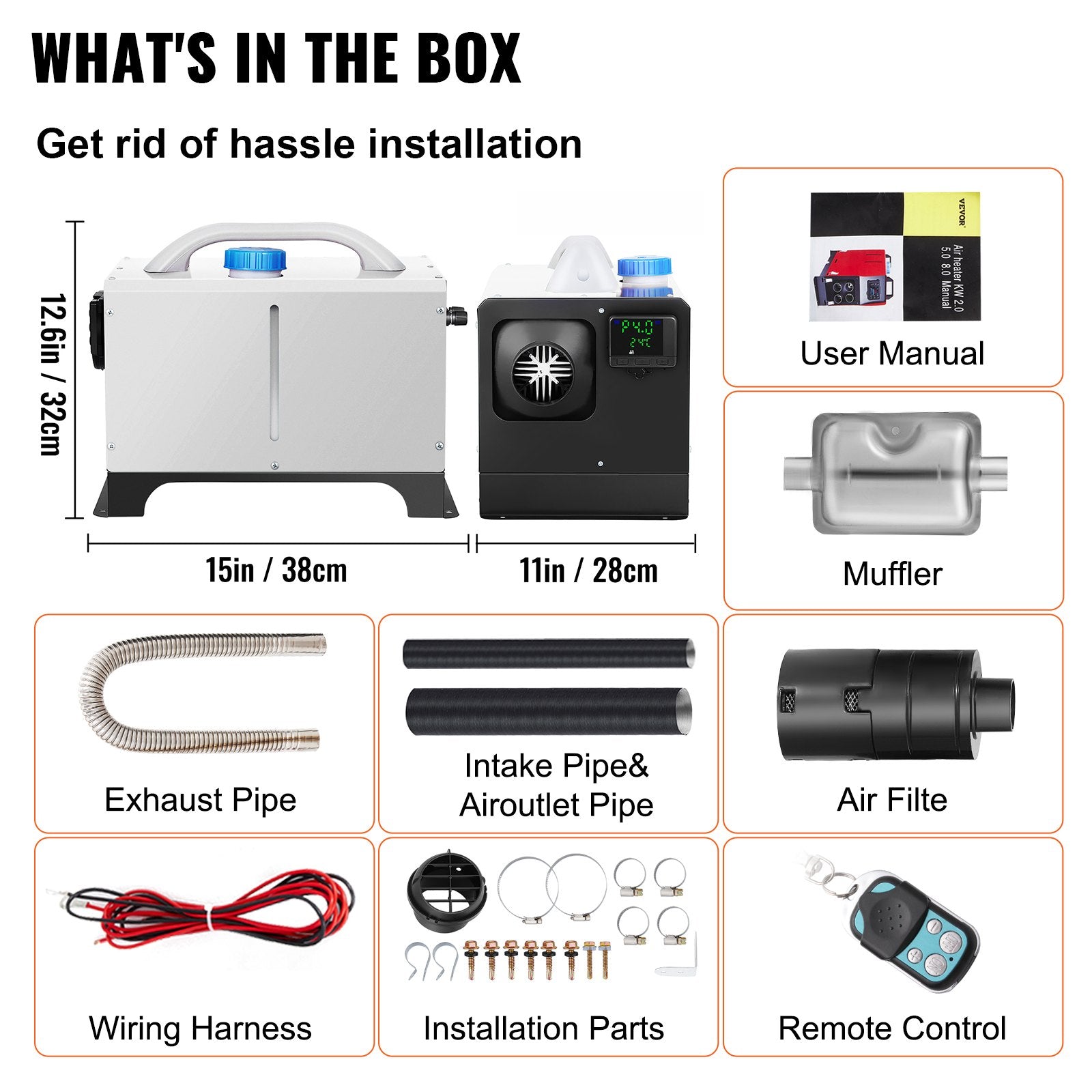 VEVOR Diesel Air Heater 8KW Parking Heater 12V Truck Heater, One Air Outlet, with Black LCD Switch, Remote Control, Fast Heating Compact Diesel Heater, For Car, RV Truck, Boat, Campervans, Caravans 