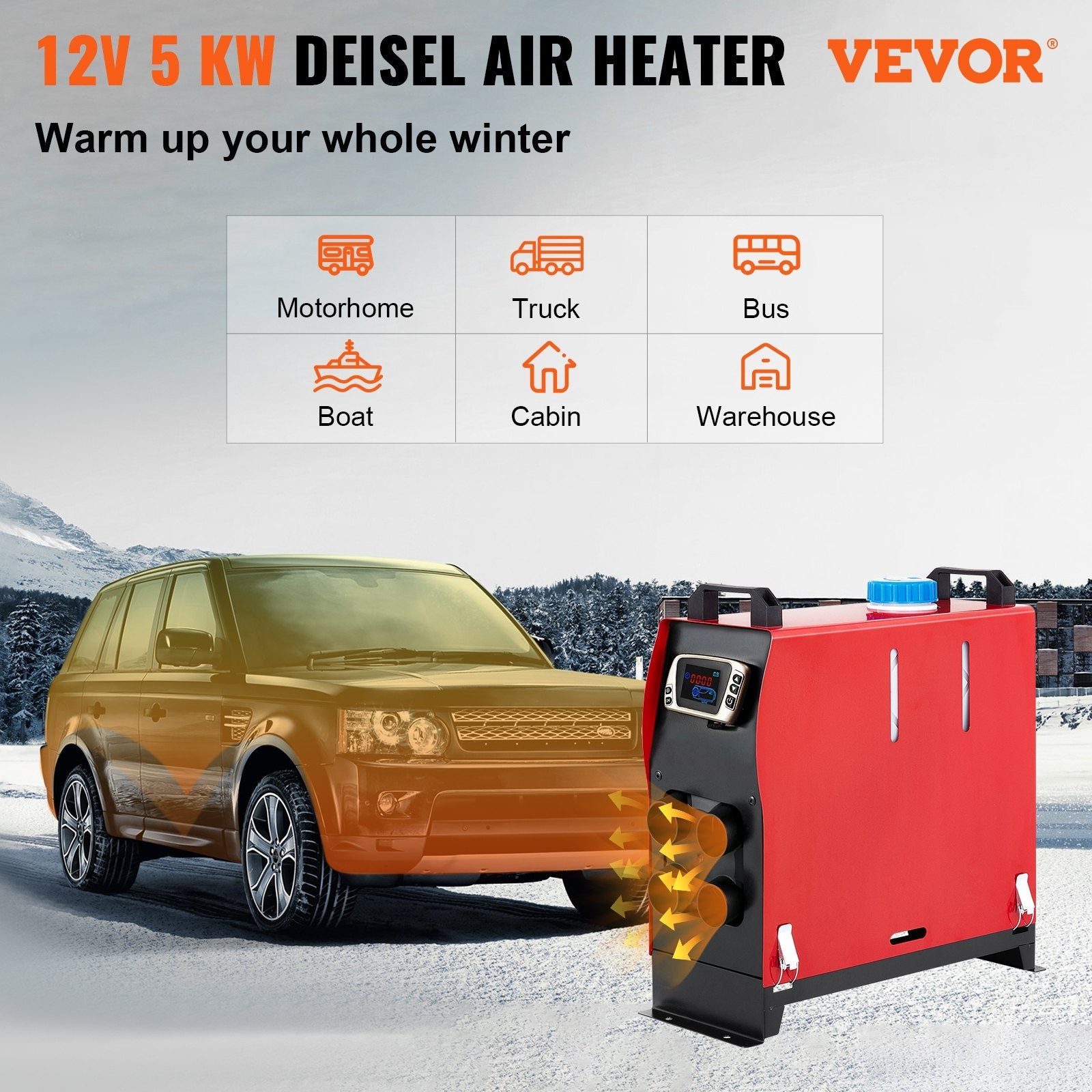 VEVOR Diesel Heater 12V Diesel Air Heater Muffler 5KW Diesel Air Heater 4 Holes with Remote Control &amp; LCD Thermostat Monitor for Car Trucks Motor-Home Boat and Bus 