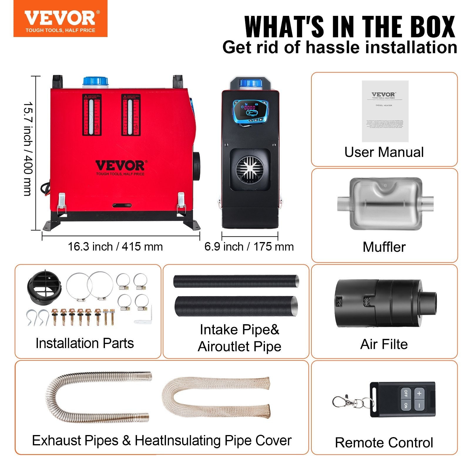 VEVOR 5KW Diesel Air Heater Detachable All in One Air Outlet Diesel Heater 12V Remote Control Parking Heater with Silencer and Blue LCD Switch for RV Trucks Bus and Boats 