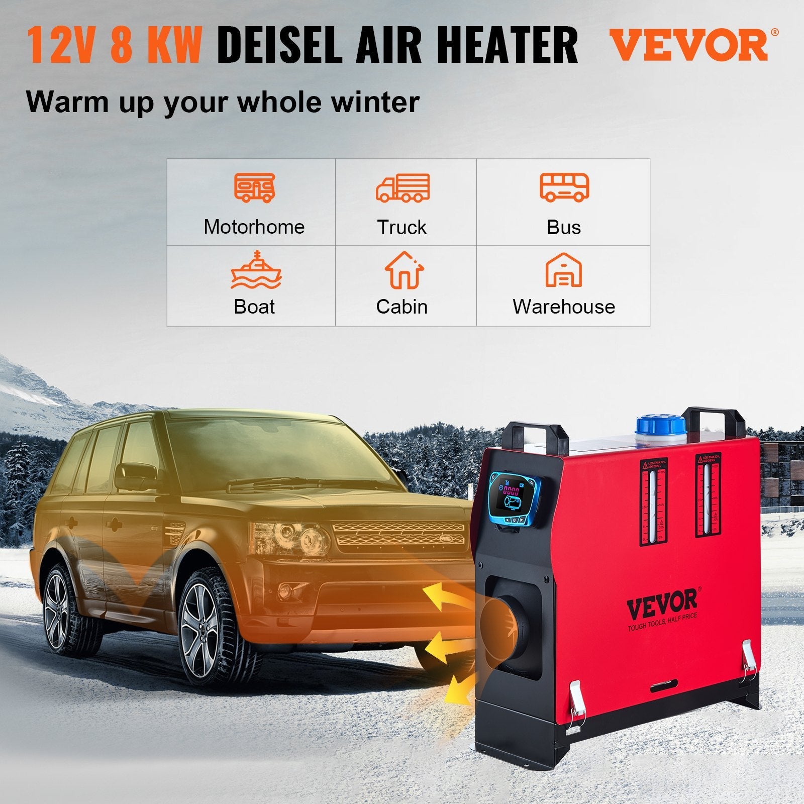 VEVOR 8KW Diesel Air Heater All in One 1 Air Outlet Diesel Heater 12V Remote Control Parking Heater Silencer with Blue LCD Switch for RV Trucks Bus and Trailer 
