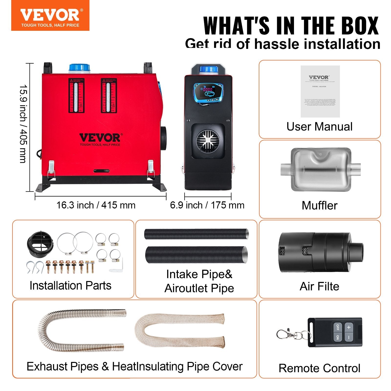 VEVOR 8KW Diesel Air Heater All in One 1 Air Outlet Diesel Heater 12V Remote Control Parking Heater Silencer with Blue LCD Switch for RV Trucks Bus and Trailer 