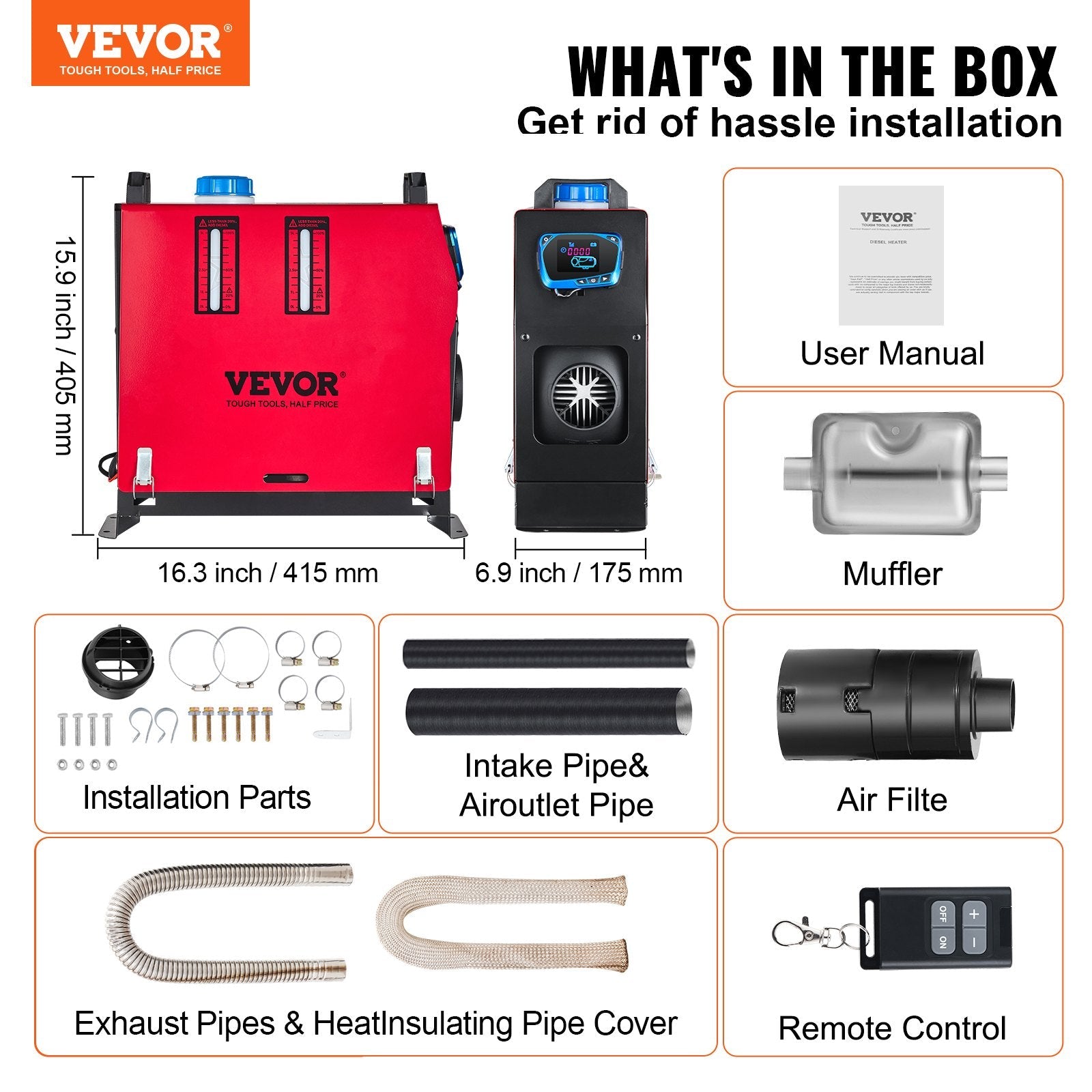 VEVOR 8KW Diesel Air Heater Muffler Diesel Heater 12V 8000W Diesel Parking Heater Remote Control Remote Control with LCD Switch for Car Bus Trucks Motor-Home and Boats 