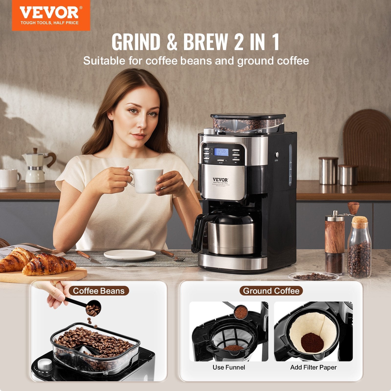 VEVOR 8-Cup Coffee Maker Drip Coffee Machine with 24-Hour Timer for Auto Brew 