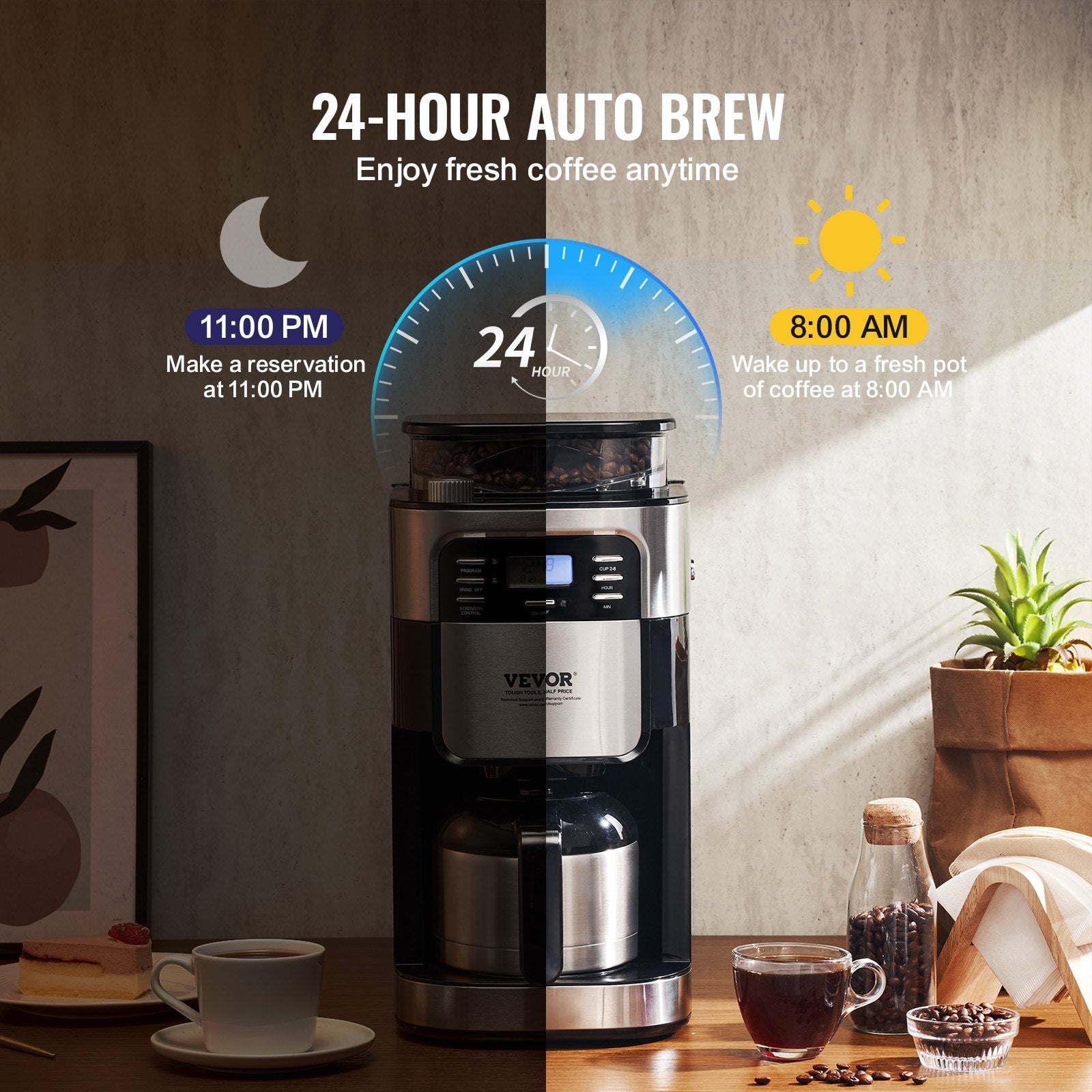 VEVOR 8-Cup Coffee Maker Drip Coffee Machine with 24-Hour Timer for Auto Brew 