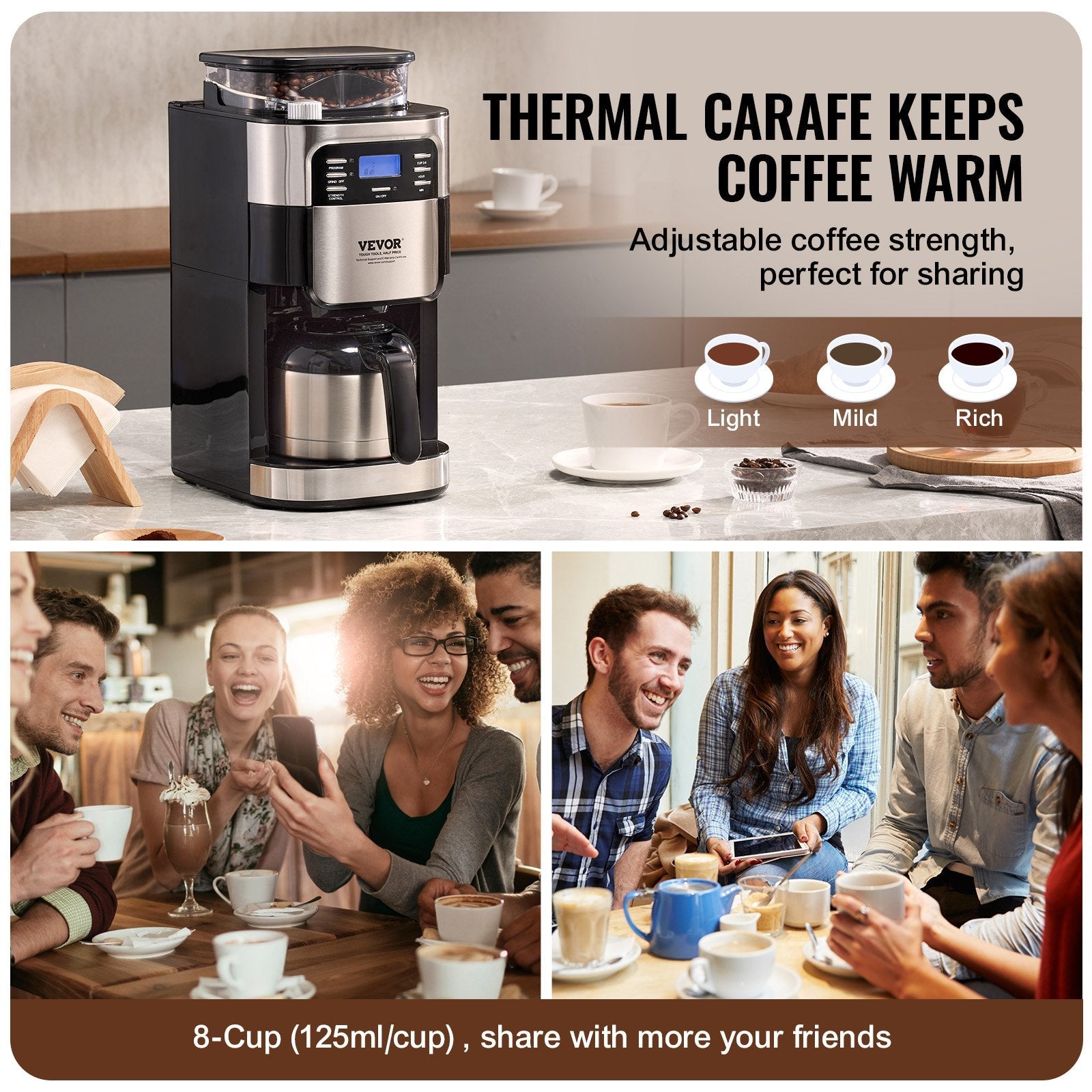 VEVOR 8-Cup Coffee Maker Drip Coffee Machine with 24-Hour Timer for Auto Brew 
