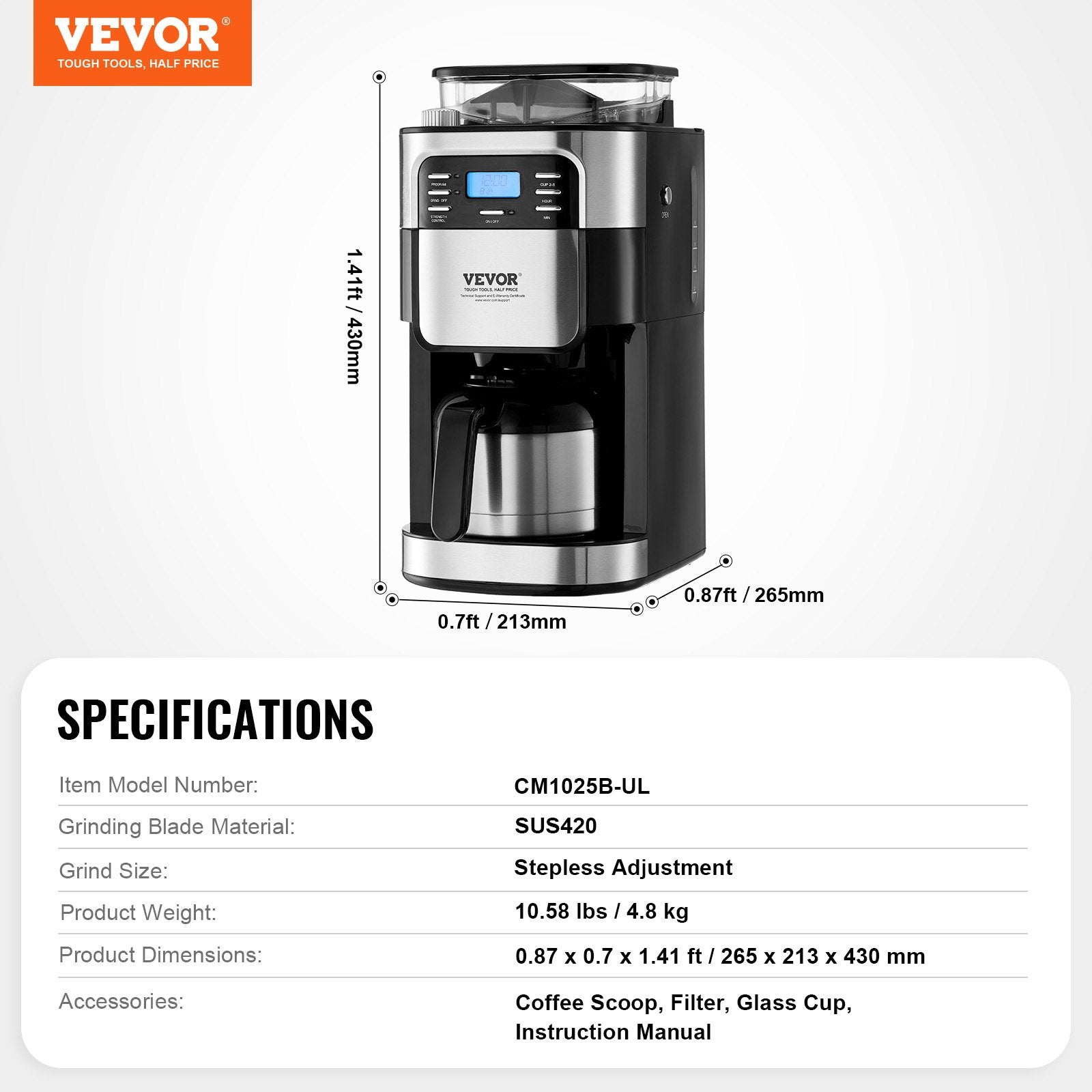 VEVOR 8-Cup Coffee Maker Drip Coffee Machine with 24-Hour Timer for Auto Brew 