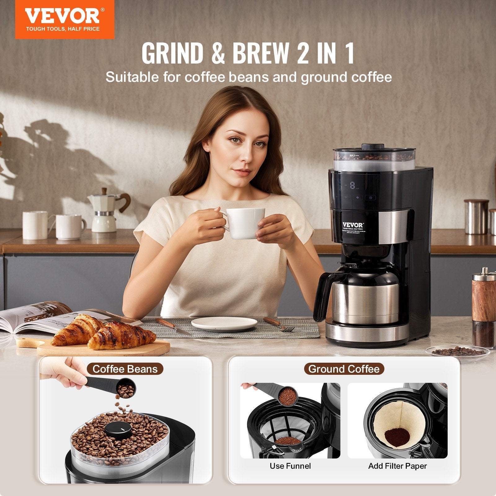 VEVOR 8-Cup Coffee Maker Drip Coffee Machine with 3 Brew Strength Control 