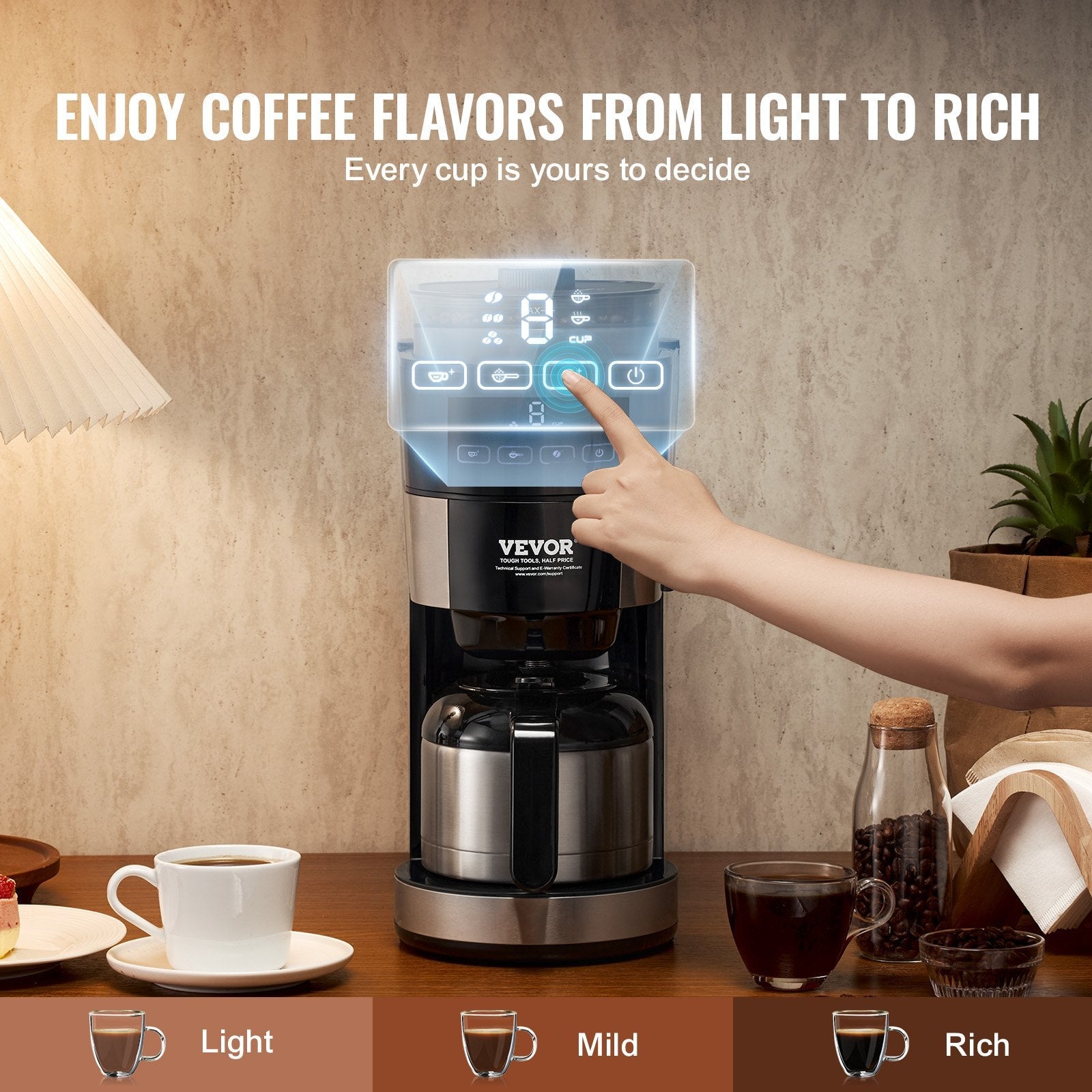 VEVOR 8-Cup Coffee Maker Drip Coffee Machine with 3 Brew Strength Control 