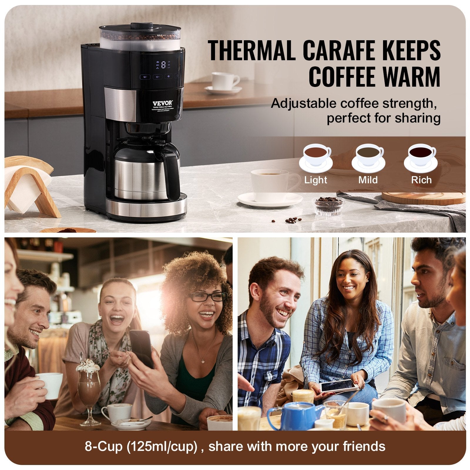 VEVOR 8-Cup Coffee Maker Drip Coffee Machine with 3 Brew Strength Control 