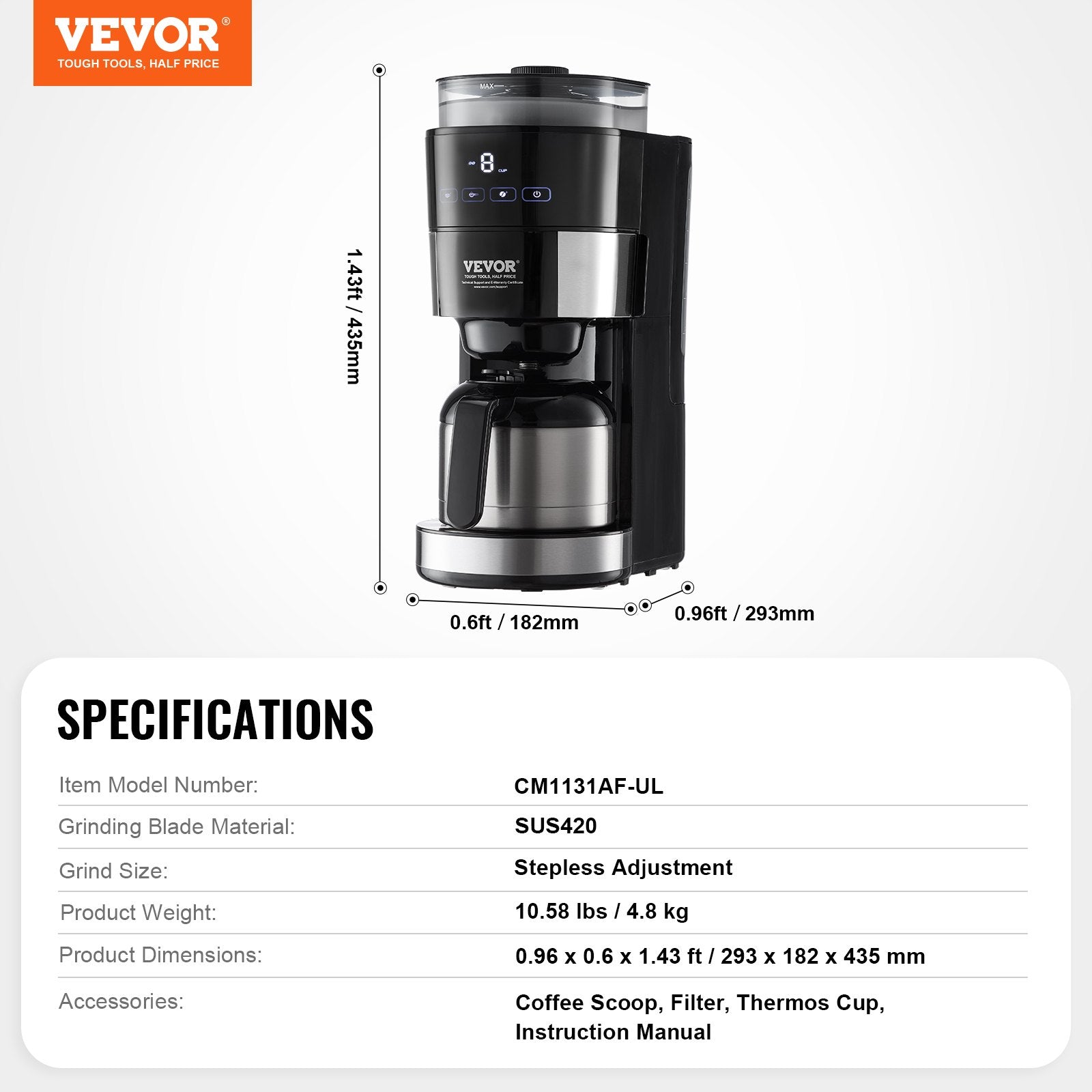 VEVOR 8-Cup Coffee Maker Drip Coffee Machine with 3 Brew Strength Control 