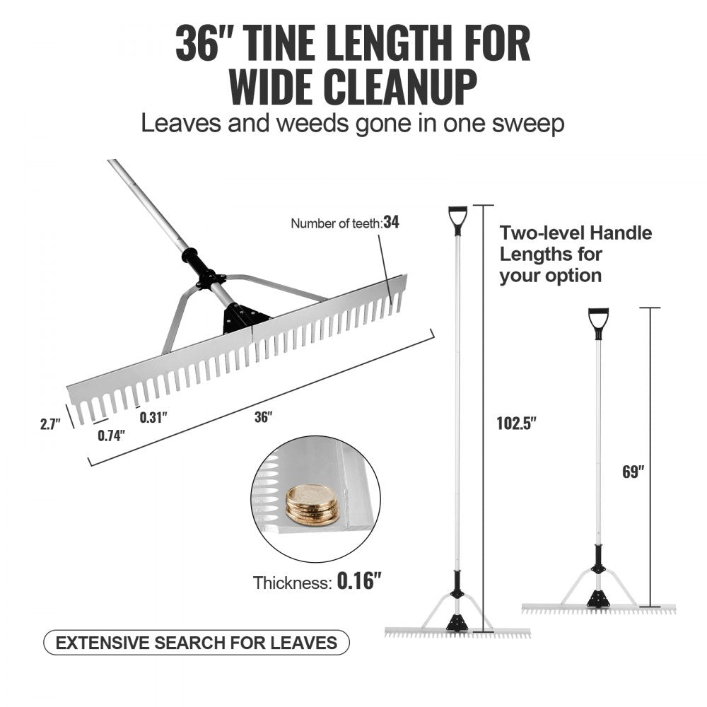 VEVOR Landscape Rake, 36" Head Aluminum Landscape Rake, Lake Weed Rake with 102.36" Adjustable Extension Handle, Rope and Float, for Loosening Soil, Lawn Care, Weeding Lake, Garden, Pond 