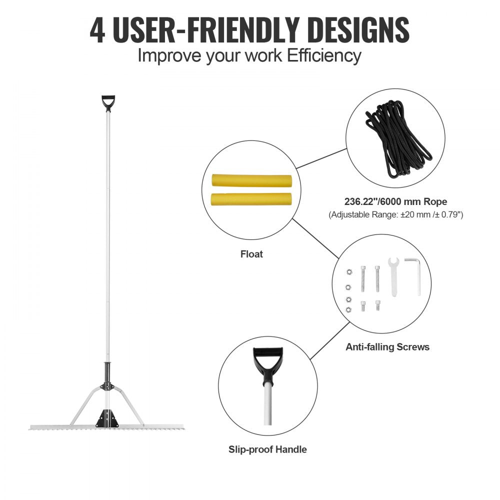 VEVOR Landscape Rake, 36" Head Aluminum Landscape Rake, Lake Weed Rake with 102.36" Adjustable Extension Handle, Rope and Float, for Loosening Soil, Lawn Care, Weeding Lake, Garden, Pond 