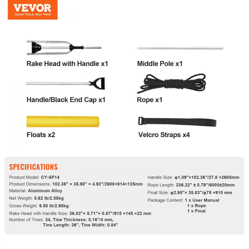 VEVOR Landscape Rake, 36" Head Aluminum Landscape Rake, Lake Weed Rake with 102.36" Adjustable Extension Handle, Rope and Float, for Loosening Soil, Lawn Care, Weeding Lake, Garden, Pond 