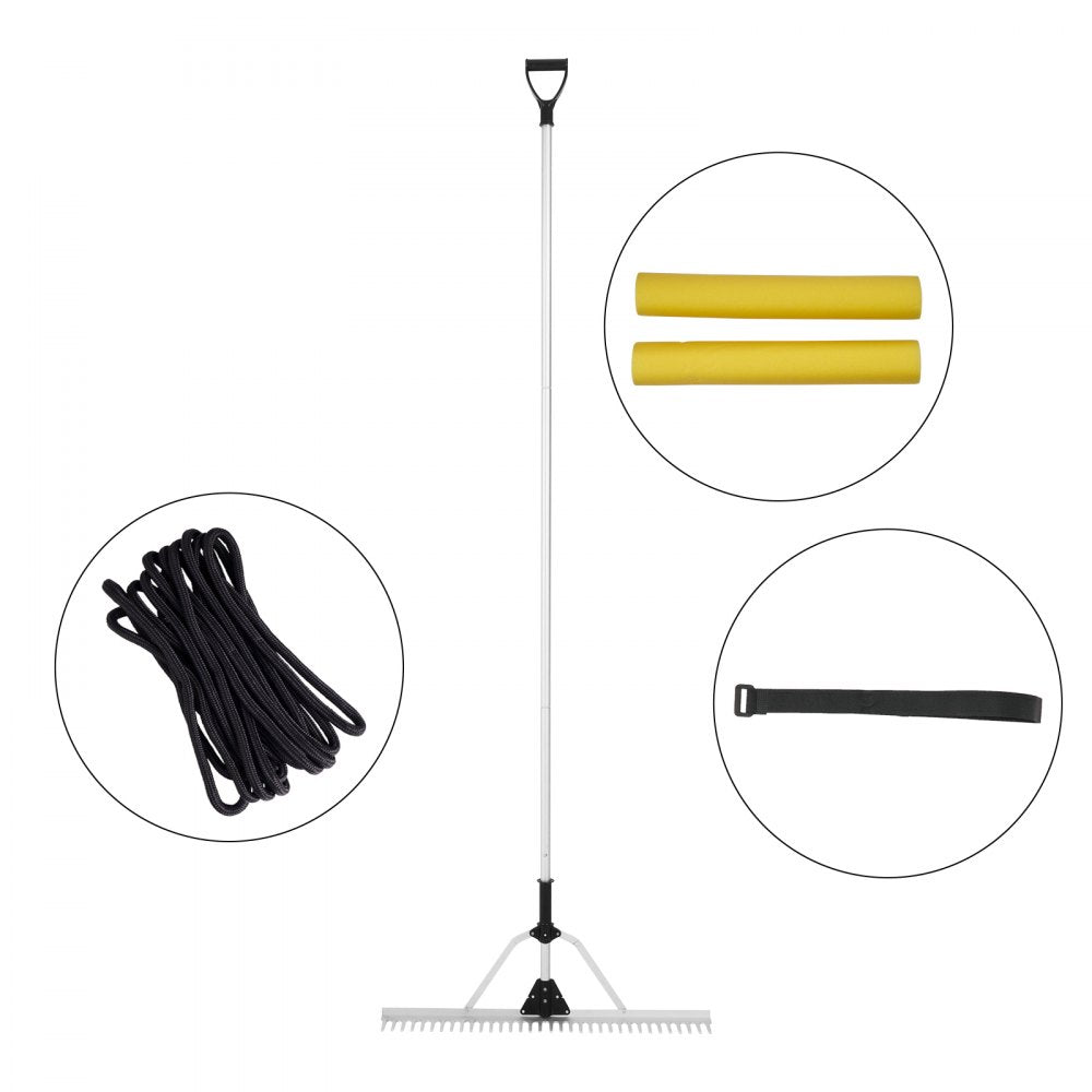 VEVOR Landscape Rake, 36" Head Aluminum Landscape Rake, Lake Weed Rake with 102.36" Adjustable Extension Handle, Rope and Float, for Loosening Soil, Lawn Care, Weeding Lake, Garden, Pond 