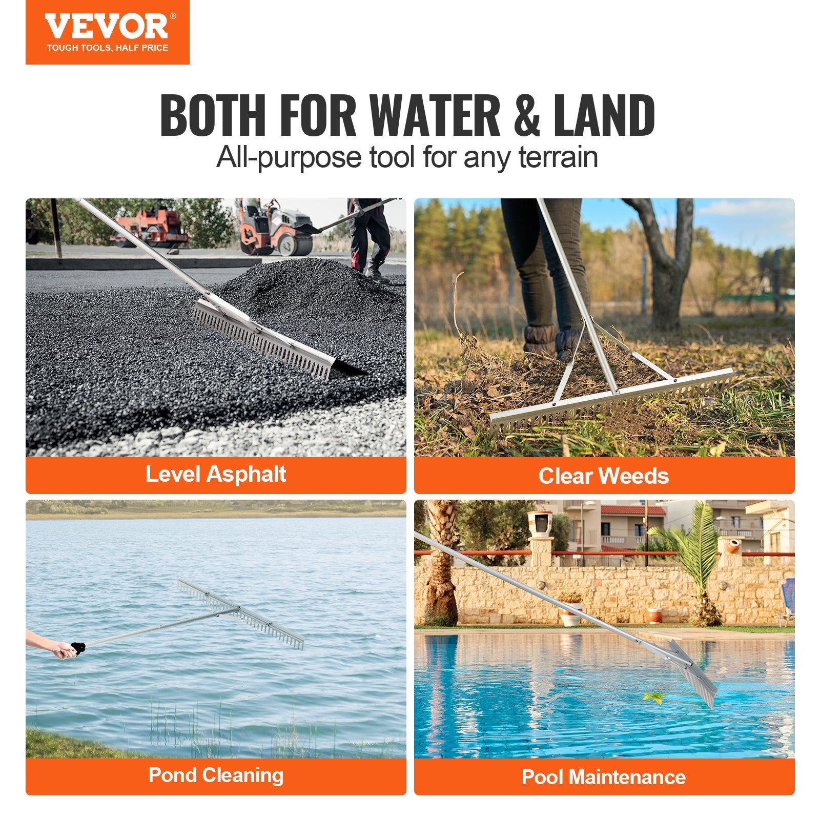 VEVOR Landscape Rake, 36" Head Aluminum Landscape Rake, Lake Weed Rake with 75" Long Handle, for Loosening Soil, Lawn Care, Weeding Lake, Garden, Pond 