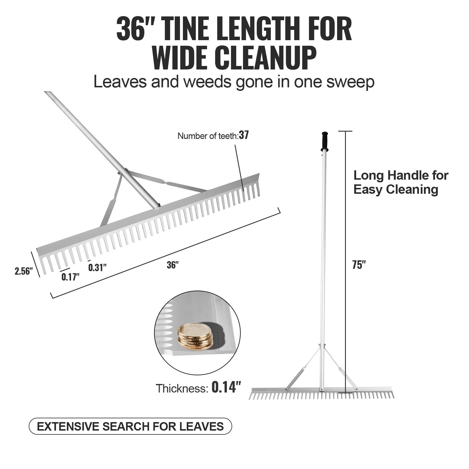 VEVOR Landscape Rake, 36" Head Aluminum Landscape Rake, Lake Weed Rake with 75" Long Handle, for Loosening Soil, Lawn Care, Weeding Lake, Garden, Pond 