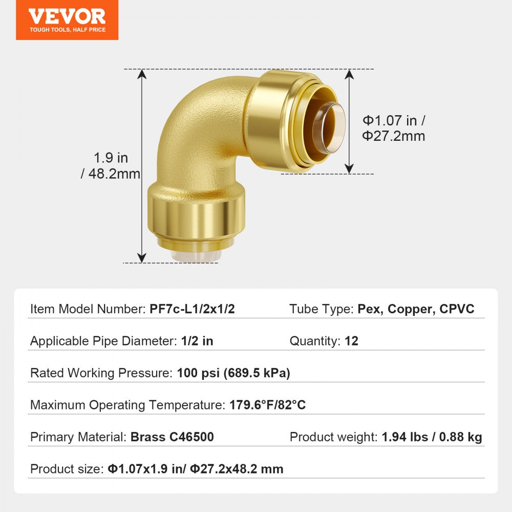 VEVOR Pipe Fittings 1/2" 12PCS Brass Pipe Fittings Elbow Push-Fit for Air System 
