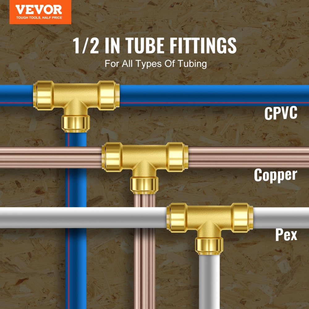 VEVOR Pipe Fittings 1/2" 12PCS Tee Brass Push-Fit for Heating/Shower System 