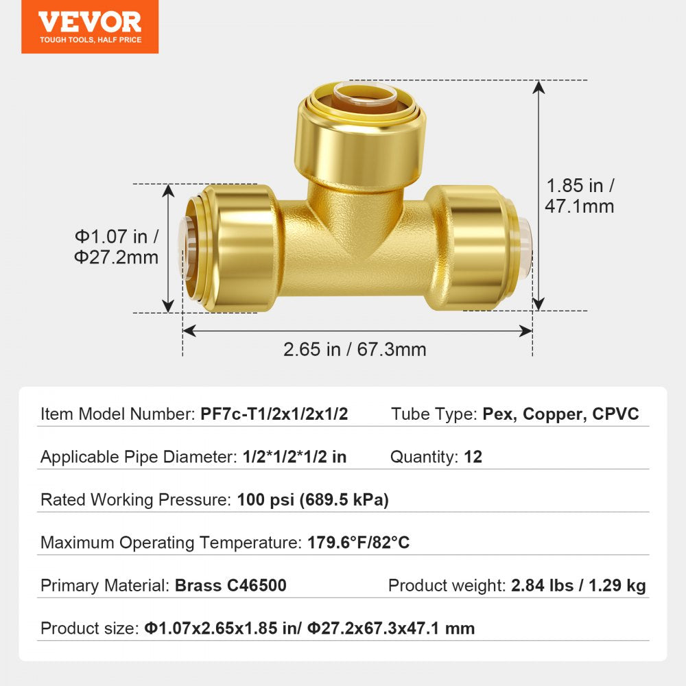 VEVOR Pipe Fittings 1/2" 12PCS Tee Brass Push-Fit for Heating/Shower System 