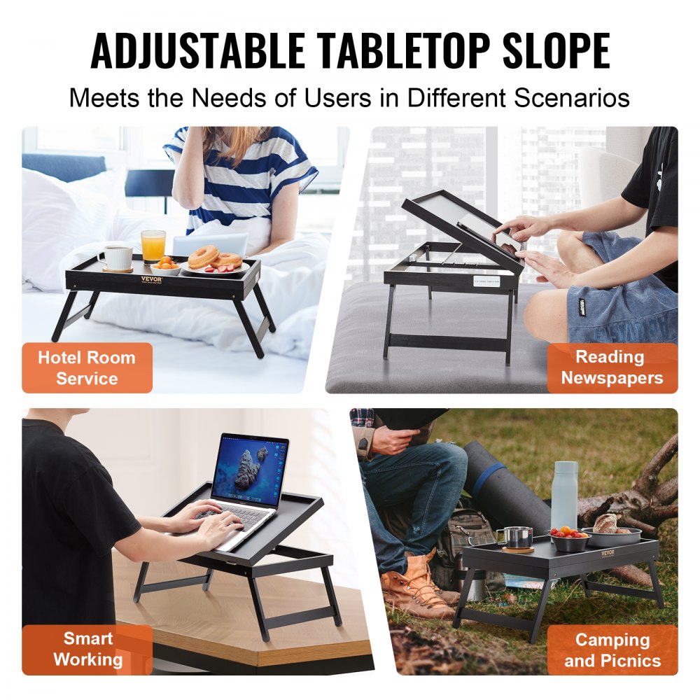 VEVOR Bed Tray Table with Foldable Legs, Bamboo Breakfast Tray for Sofa, Bed, Eating, Snacking, and Working, Adjustable Tabletop Slope Serving Laptop Desk Tray, Portable Food Snack Platter, 20"x12.2" 