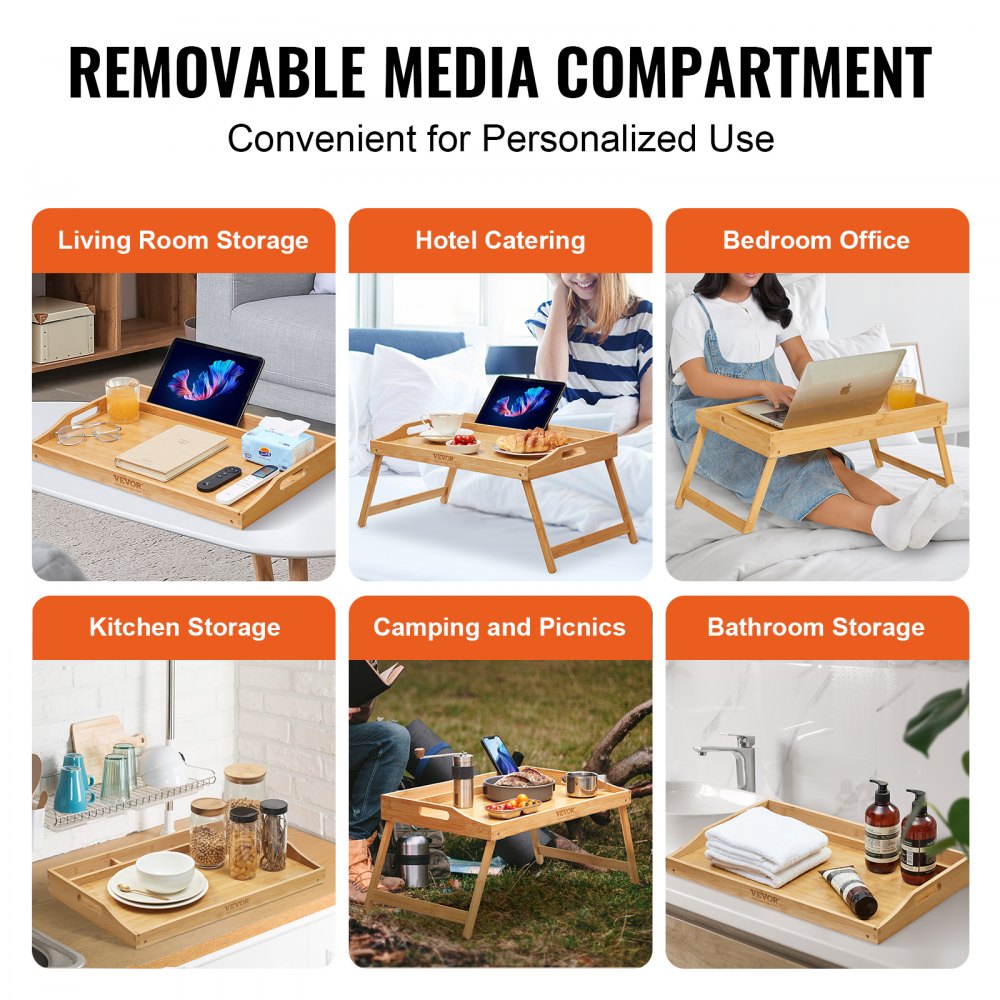 VEVOR Bed Tray Table with Foldable Legs & Media Slot, Bamboo Breakfast Tray for Sofa, Bed, Eating, Snacking, and Working, Serving Laptop Desk Tray TV Tray, Portable Food Snack Platter, 21.6" x 13.8" 