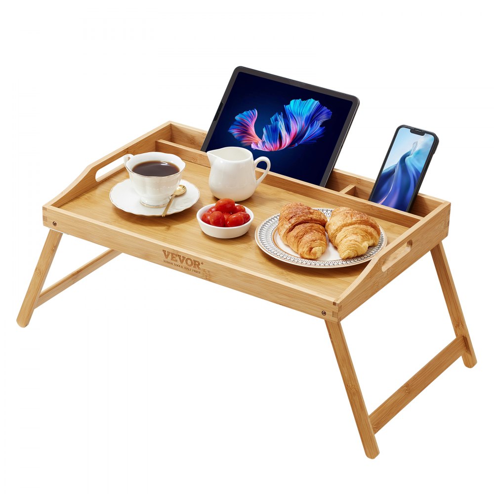 VEVOR Bed Tray Table with Foldable Legs & Media Slot, Bamboo Breakfast Tray for Sofa, Bed, Eating, Snacking, and Working, Serving Laptop Desk Tray TV Tray, Portable Food Snack Platter, 21.6" x 13.8" 