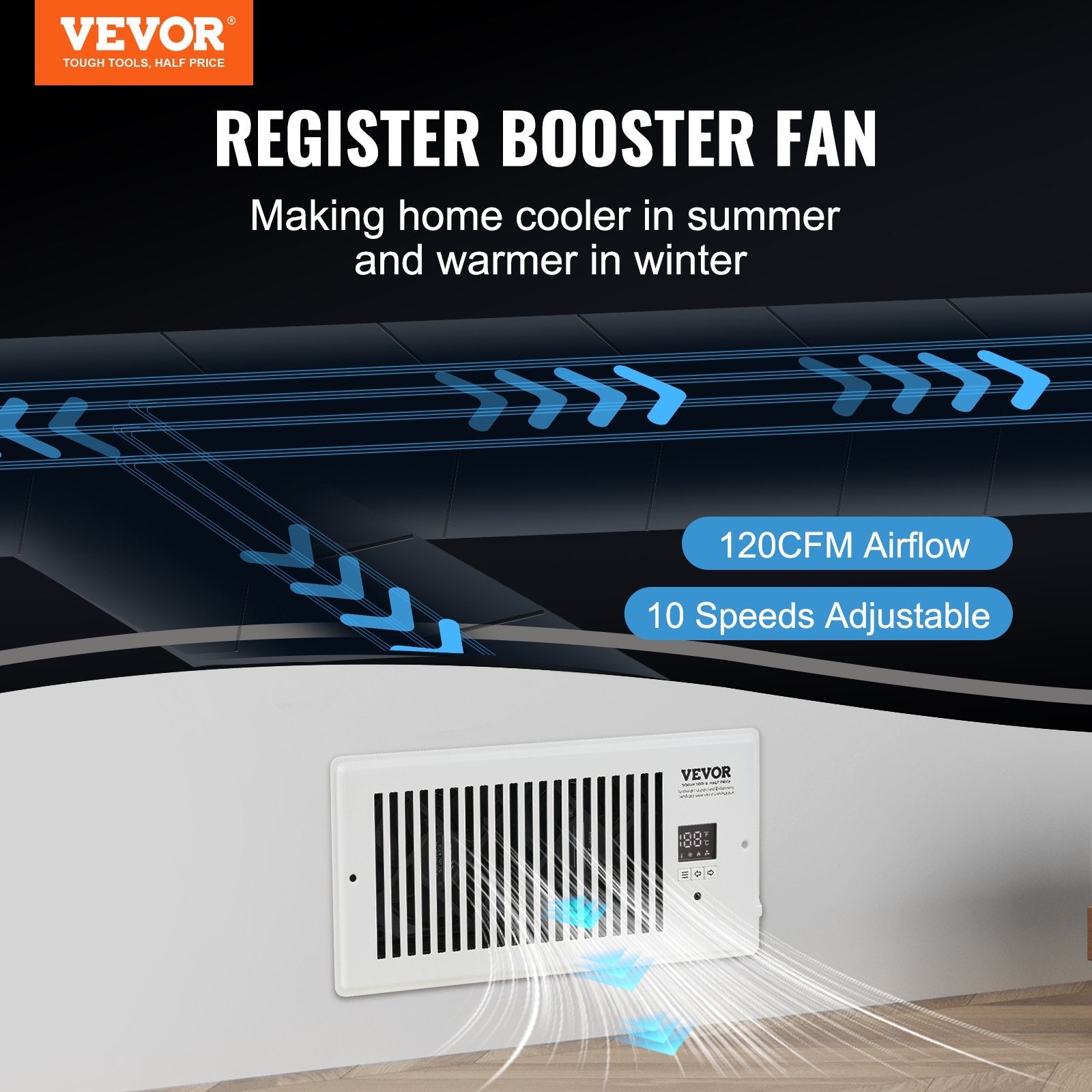 VEVOR Register Booster Fan, Quiet Vent Booster Fan Fits 4” x 10” Register Holes, with Remote Control and Thermostat Control, Adjustable Speed for Heating Cooling Smart Vent, White 