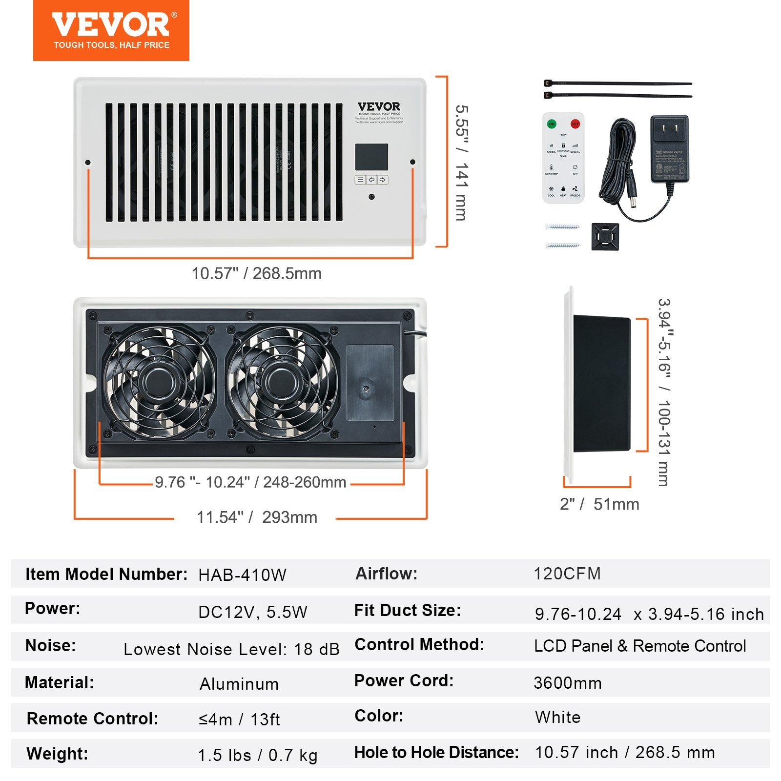 VEVOR Register Booster Fan, Quiet Vent Booster Fan Fits 4” x 10” Register Holes, with Remote Control and Thermostat Control, Adjustable Speed for Heating Cooling Smart Vent, White 