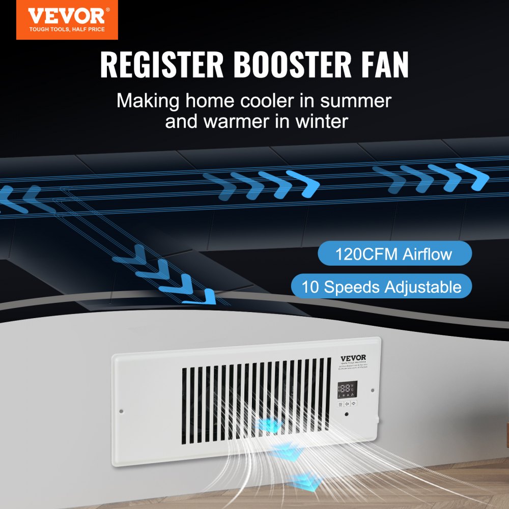 VEVOR Register Booster Fan, Quiet Vent Booster Fan Fits 4” x 12” Register Holes, with Remote Control and Thermostat Control, Adjustable Speed for Heating Cooling Smart Vent, White 