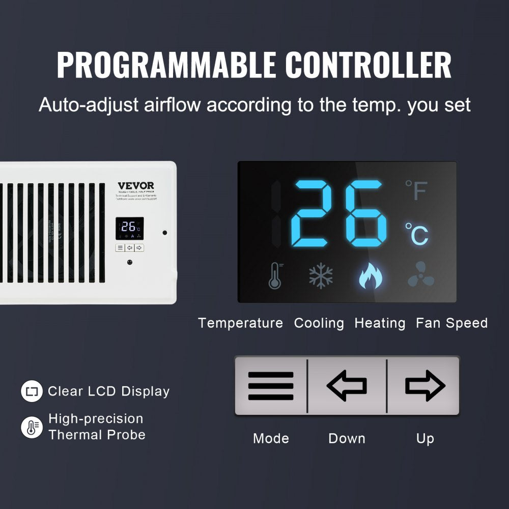 VEVOR Register Booster Fan, Quiet Vent Booster Fan Fits 4” x 12” Register Holes, with Remote Control and Thermostat Control, Adjustable Speed for Heating Cooling Smart Vent, White 