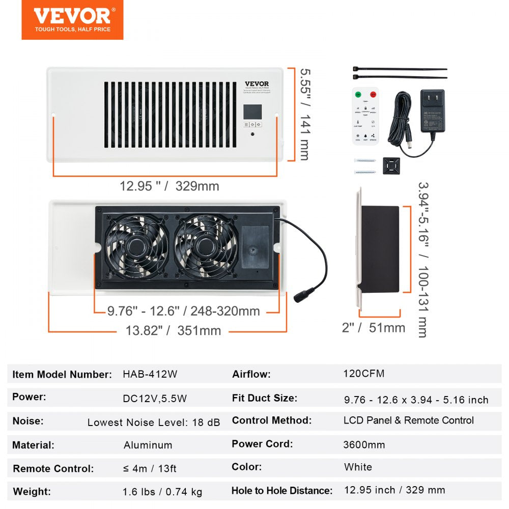 VEVOR Register Booster Fan, Quiet Vent Booster Fan Fits 4” x 12” Register Holes, with Remote Control and Thermostat Control, Adjustable Speed for Heating Cooling Smart Vent, White 