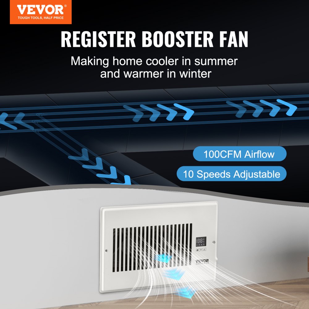 VEVOR Register Booster Fan, Quiet Vent Booster Fan Fits 6” x 10” Register Holes, with Remote Control and Thermostat Control, Adjustable Speed for Heating Cooling Smart Vent, White 