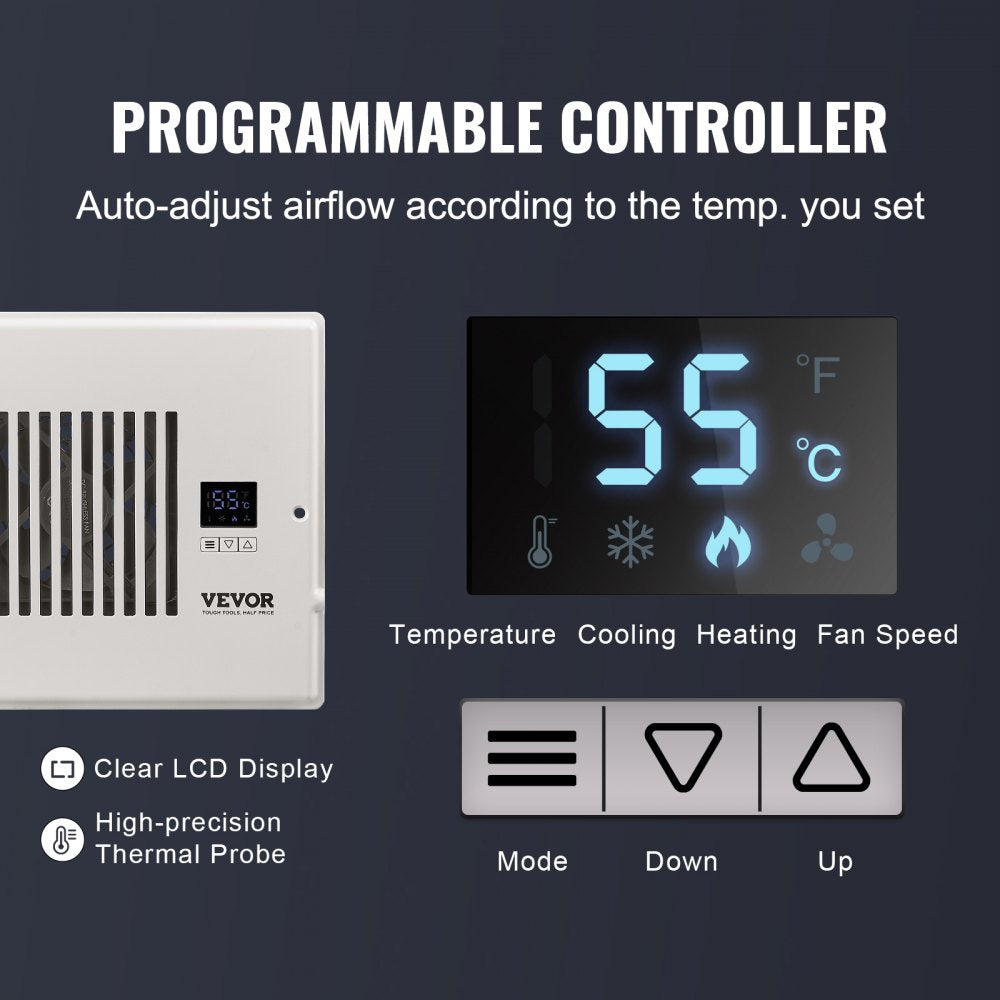 VEVOR Register Booster Fan, Quiet Vent Booster Fan Fits 6” x 10” Register Holes, with Remote Control and Thermostat Control, Adjustable Speed for Heating Cooling Smart Vent, White 