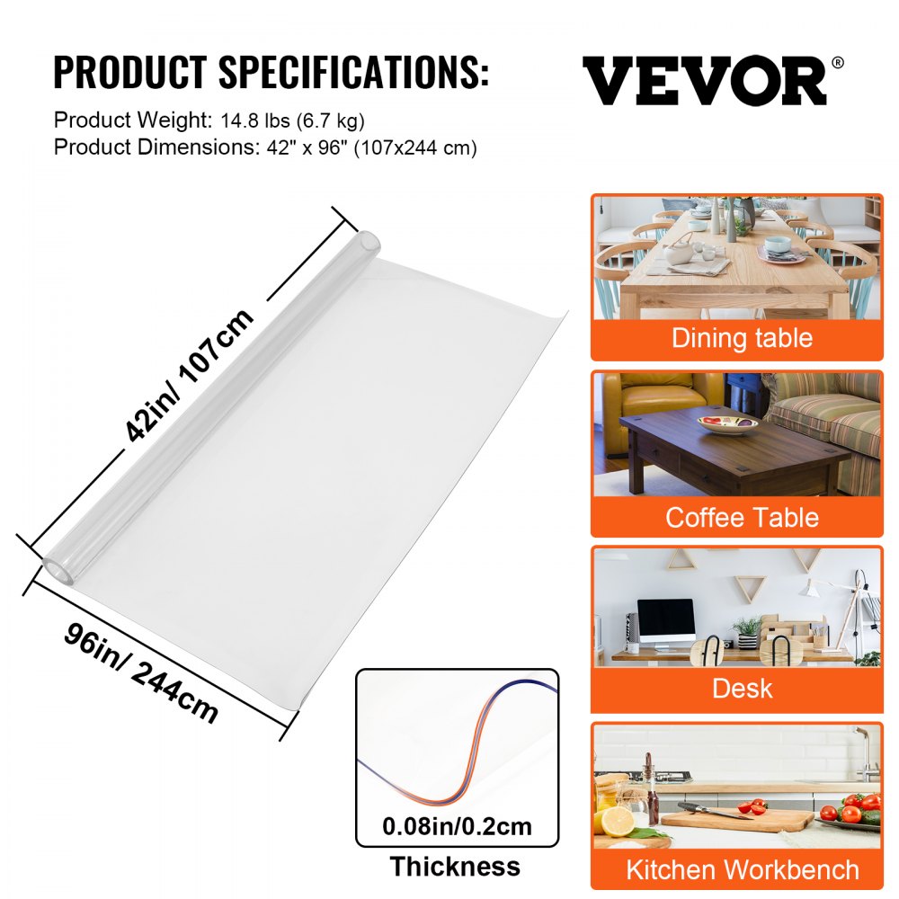 96X42 Inch Plastic Table Pad Thick Crystal Clear Table Cover Protector Rectangular PVC Tablecloth 