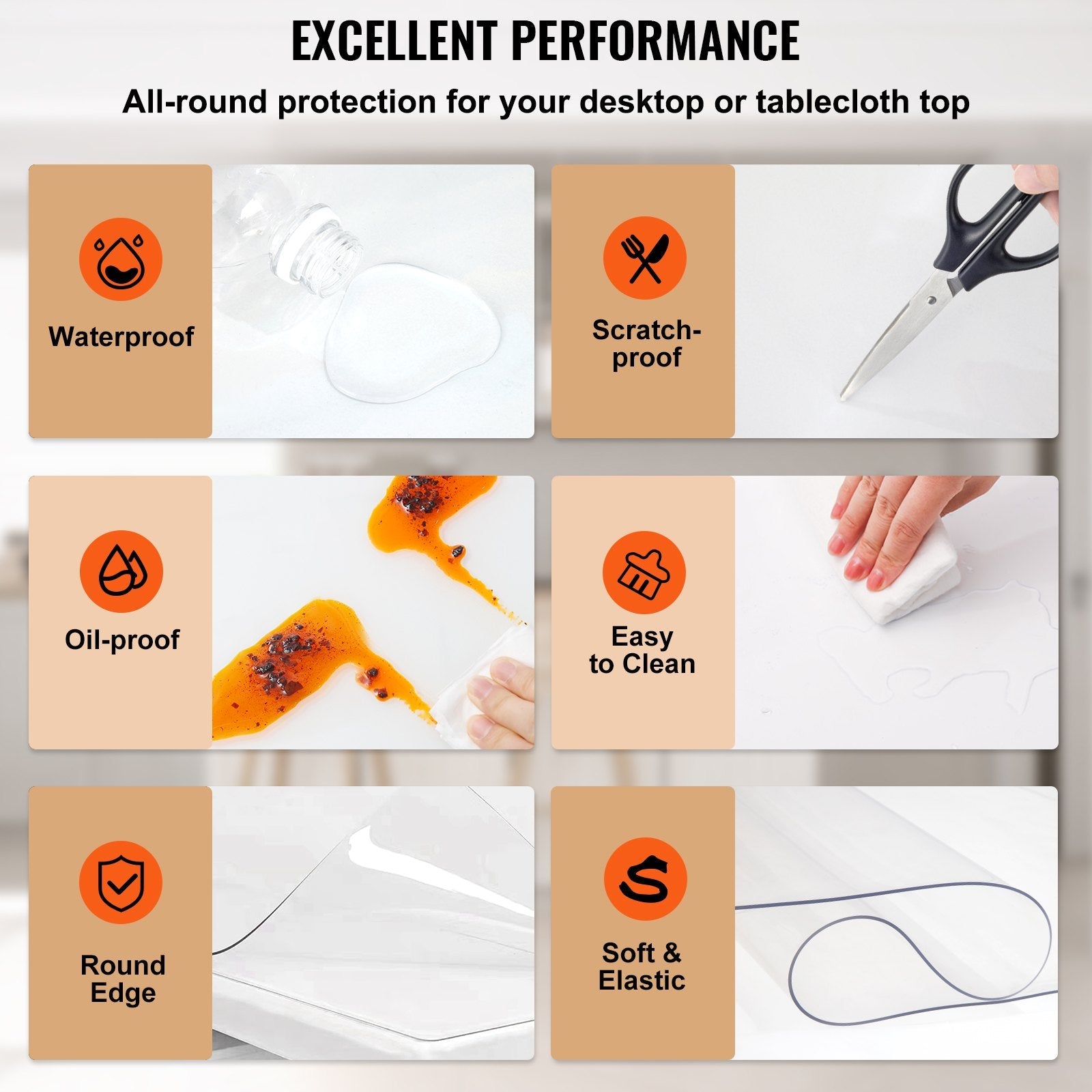 VEVOR Plastic Table Cover, 46"x96"x0.08", Transparent PVC Table Protector, Rectangle Clear Desk Mat, Water Oil Proof Table Cover for Dining Table Coffer Table Kitchen Worktable Dresser Cabinet, etc. 