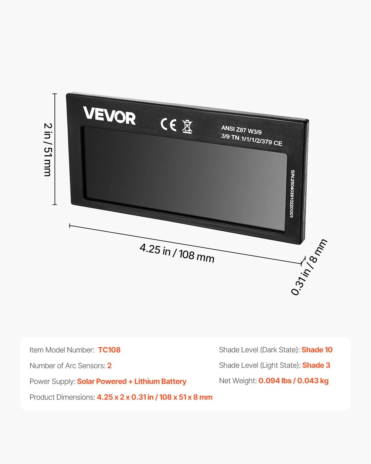 VEVOR Auto Darkening Welding Lens 4.25" x 2" Shade 10 True Color Welding Lens