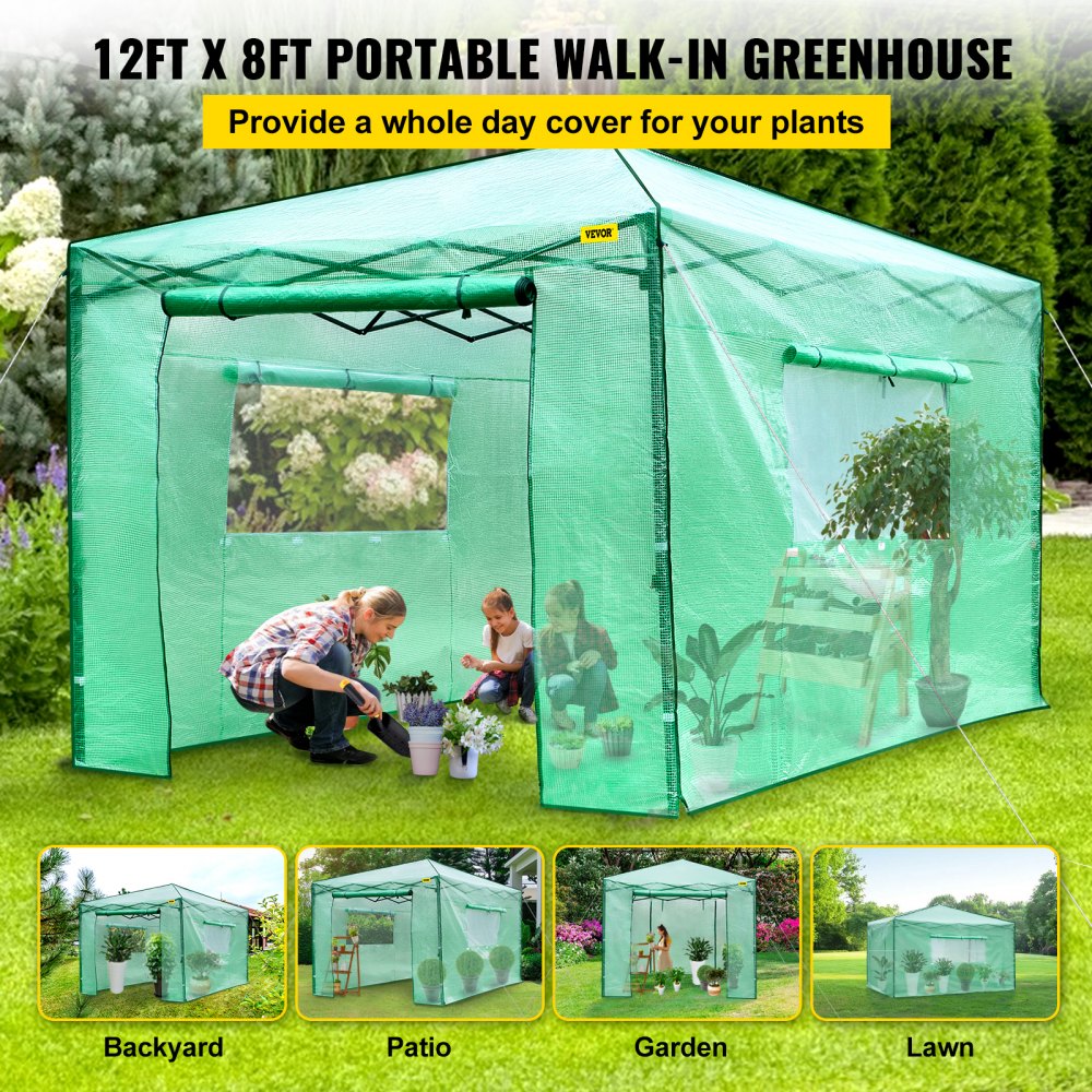 Vevor Walk-in Greenhouse Portable Pop-up Garden 12x8ft W/roll-up Doors & Windows 