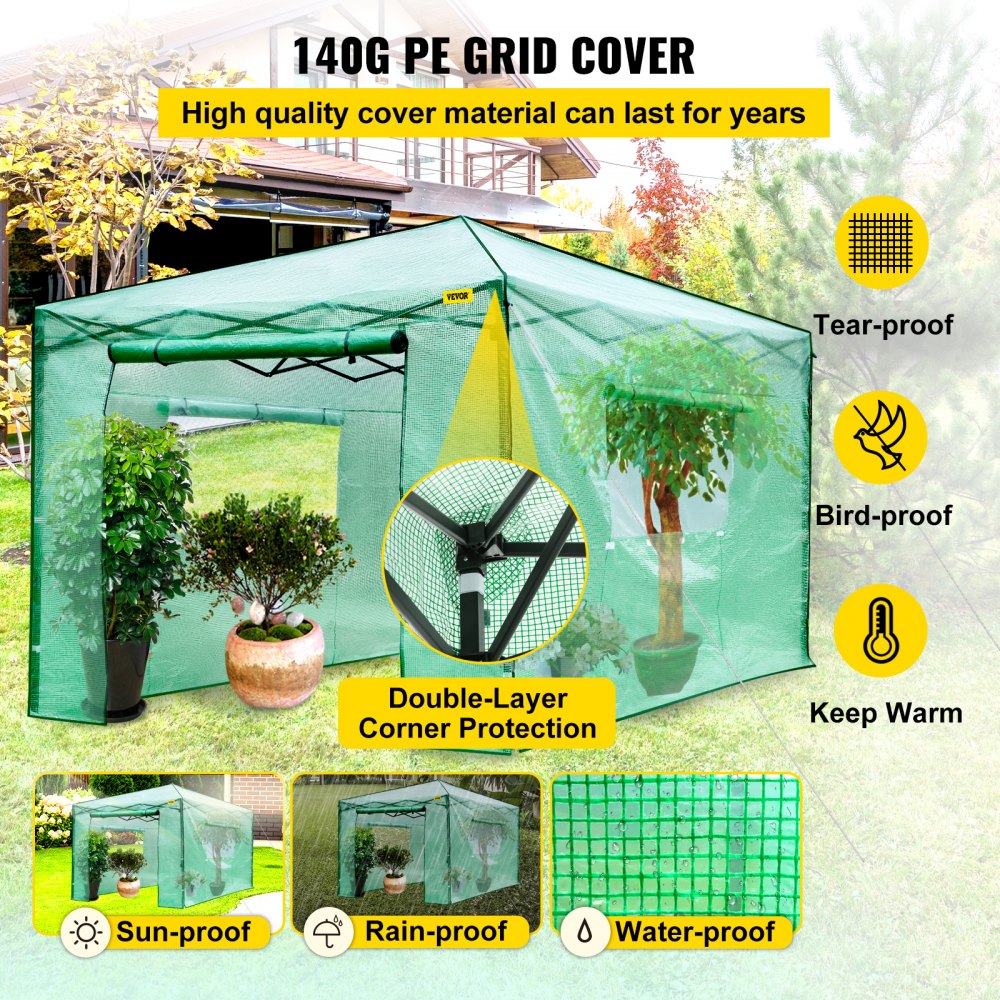 Vevor Walk-in Greenhouse Portable Pop-up Garden 12x8ft W/roll-up Doors & Windows 