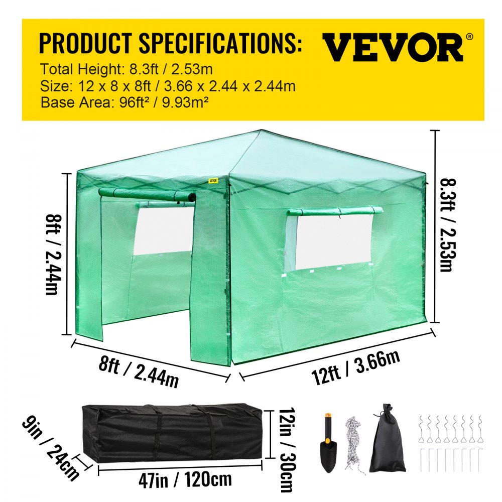 Vevor Walk-in Greenhouse Portable Pop-up Garden 12x8ft W/roll-up Doors & Windows 